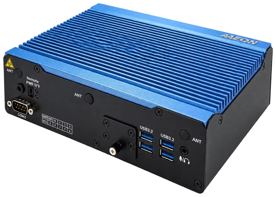 Computador industrial AAEON sem ventoinha, com portas USB 3.2, porta série COM e I/O digital
