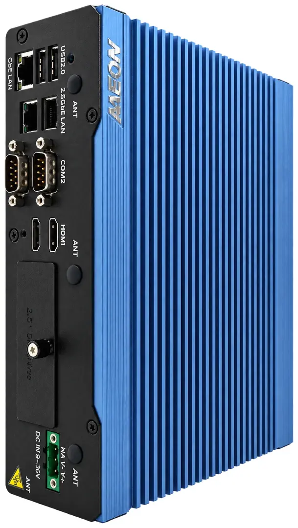 Computador industrial AAEON sem ventoinha, com portas de rede, portas série COM, HDMI e entrada DC